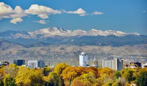 Denver skyline with Rocky Mountains beyond
