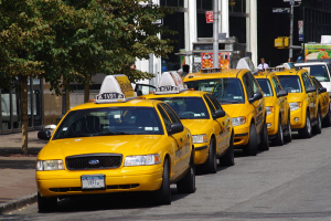 Yellow New York City taxis lined up on a street