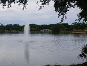 A serene view of a lake in New Orleans City Park with paddle boats