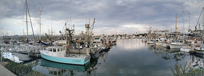 A panoramic view of Ventura Harbor and the coastline