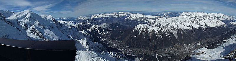 Panoramic view of Chamonix valley and Mont Blanc range