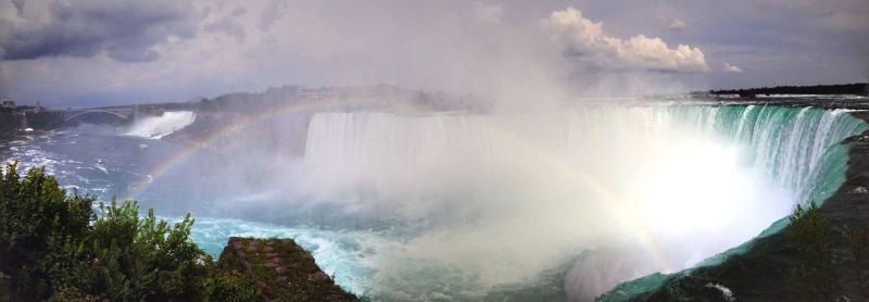 Panoramic view of Niagara Falls with a rainbow
